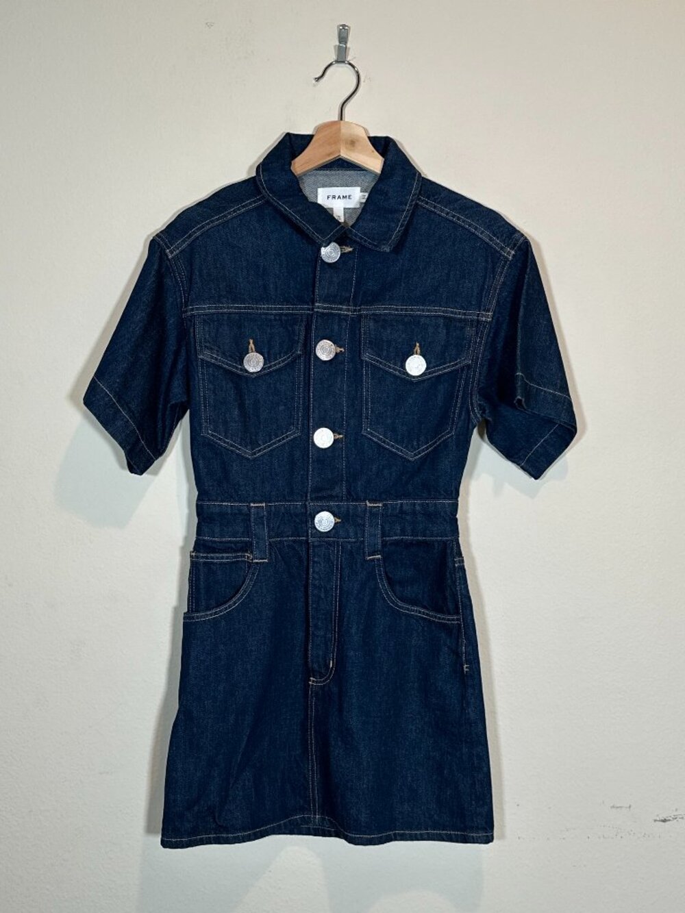 FRAME Oversized Button Detail Denim Mini Dress Dark Rinse Jean Short Sleeve XS
